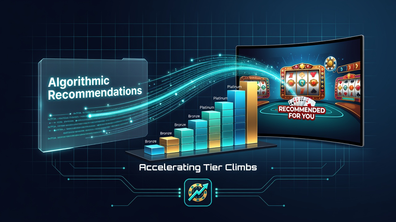 Mobile casino app interface displaying personalized game suggestions that help users progress through loyalty tiers faster