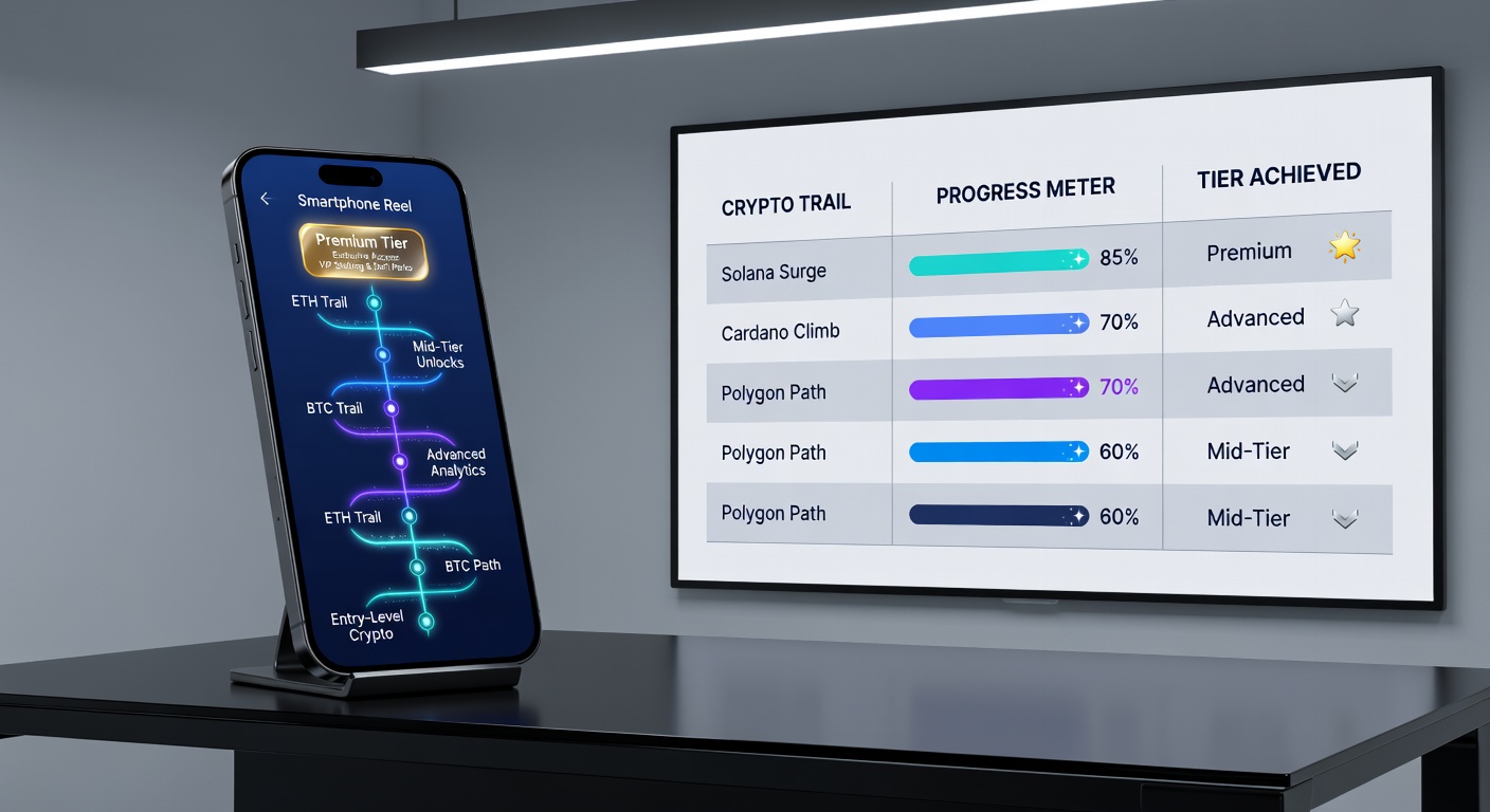 Mobile device screen displaying live table games alongside cryptocurrency wallet integration and tier progress indicators