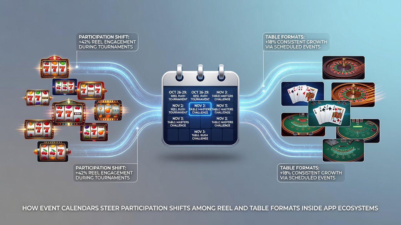Event calendar interface in a mobile casino app showing reel and table game promotions