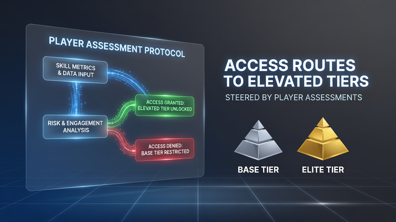 Mobile casino app interface showing player tier progression dashboard with assessment metrics