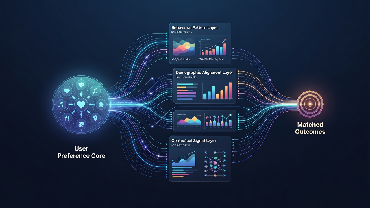 Visualization of layered user recognition tiers connected to preference alignment algorithms in entertainment mobile applications