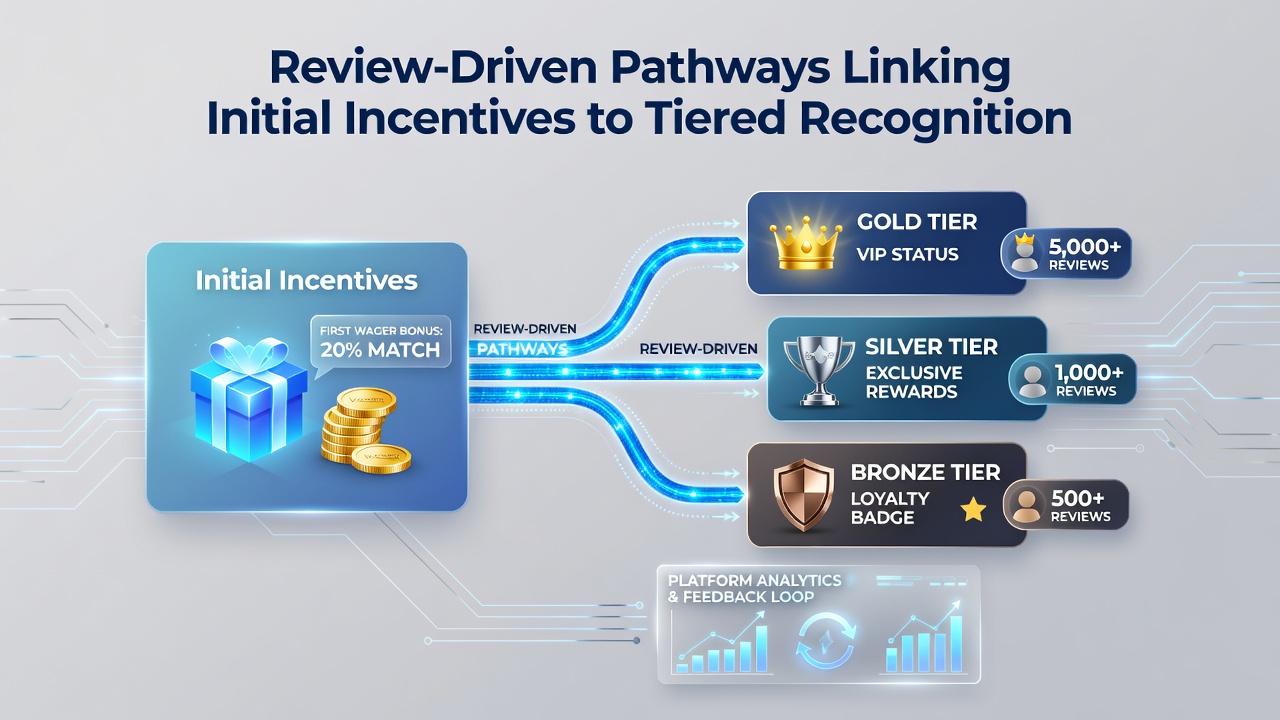 Mobile interface displaying tier progression dashboard with review prompts connecting bonuses to VIP recognition levels