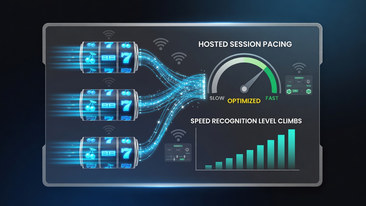 Wireless gambling interface showing reel volatility indicators and live hosted session pacing controls on a mobile device