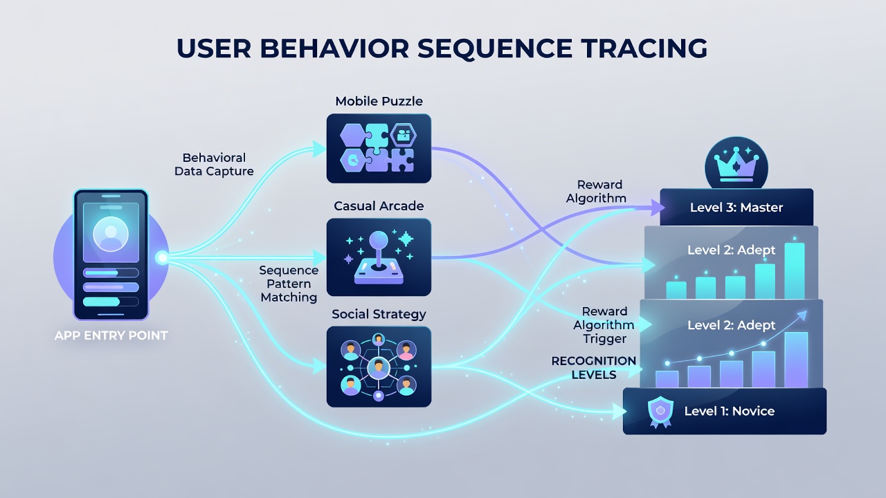 Mobile app dashboard displaying sequence analytics for player recognition progression